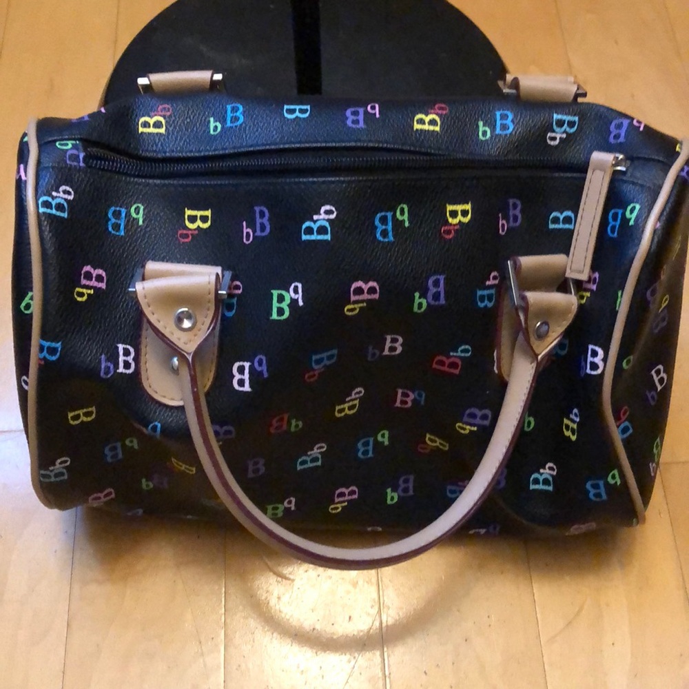 Black handbag with colorful lettering